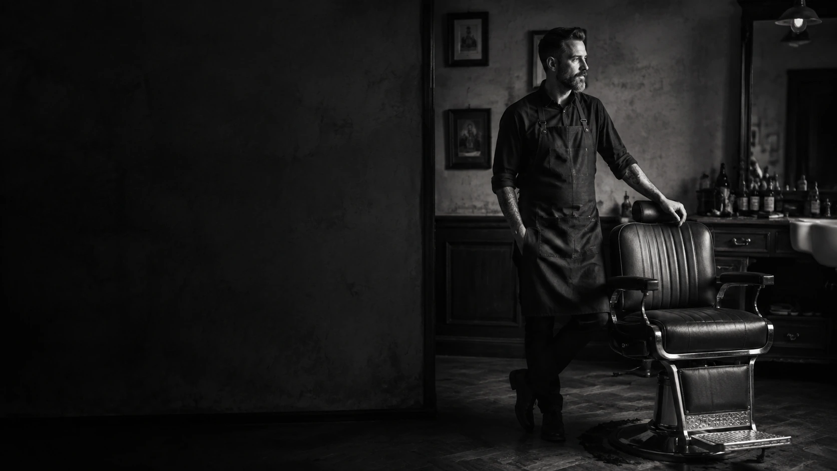 A barber beside a classic barber chair.