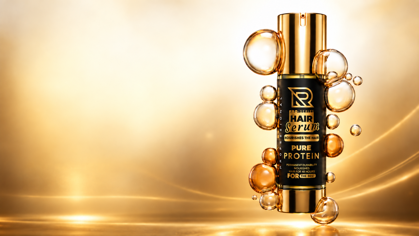 New Rebel Pure Protein Hair Serum in a gold product banner.